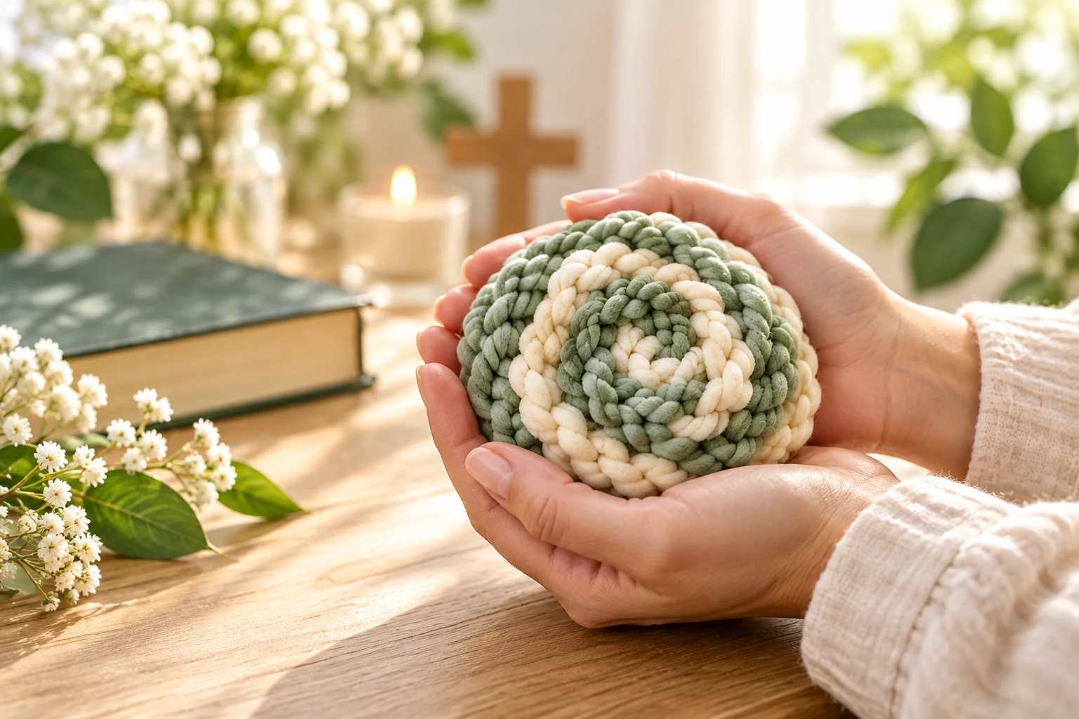 A soft sage and cream chunky-yarn Prayer Hug cradled in hands in a sunlit prayer corner