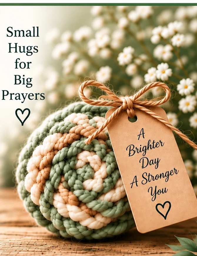 A sage and cream chunky-yarn Prayer Hug with a handwritten gift tag, among delicate white flowers